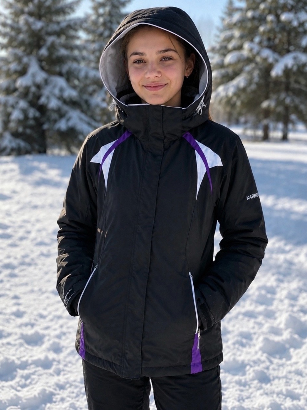 Karbon Kids Insulated Black ski Jacket with Purple & White Accents size 16